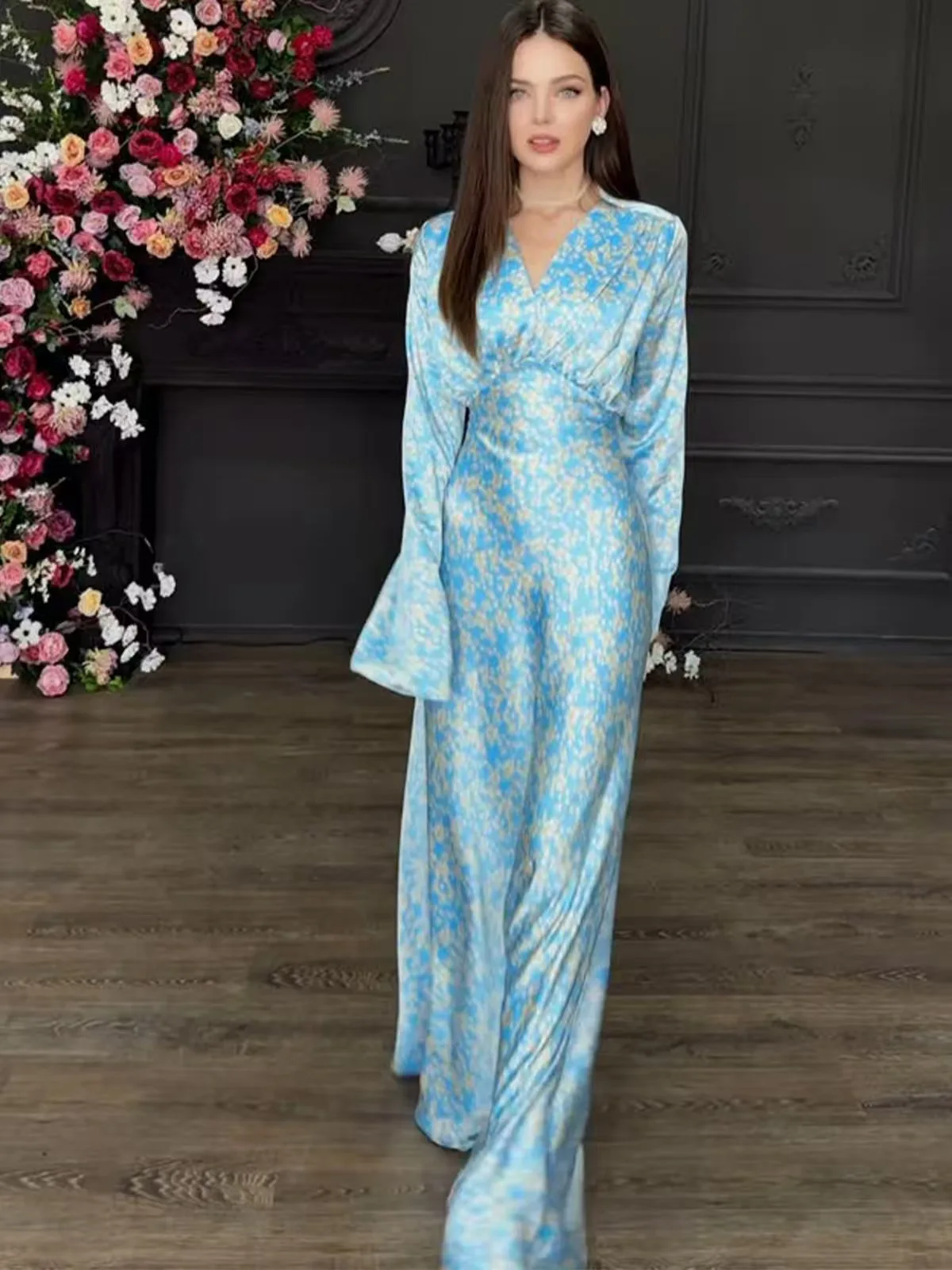 

Sexy Vne Long Sve Print Belted Dr Faionable Ele Ladylike Aline Skirt High Waist Polyester Fabric Midi Dr