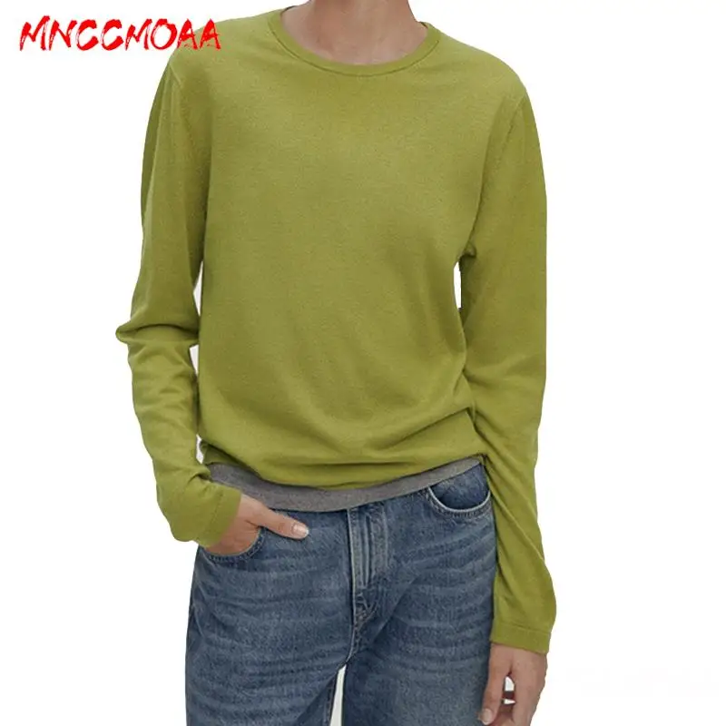 MNCCMOAA-Women\'s Loose Round Neck Knitting Sweater, Female Casual Tops, Long Sleeve Pullover, Monochromatic, Fashion, 2024