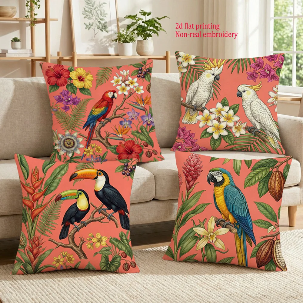 1/4pcs Tropical Toucan Floral Throw Pillow Cover, Vintage Botanical Rainforest Decorative Pillow Case for Couch Bedroom