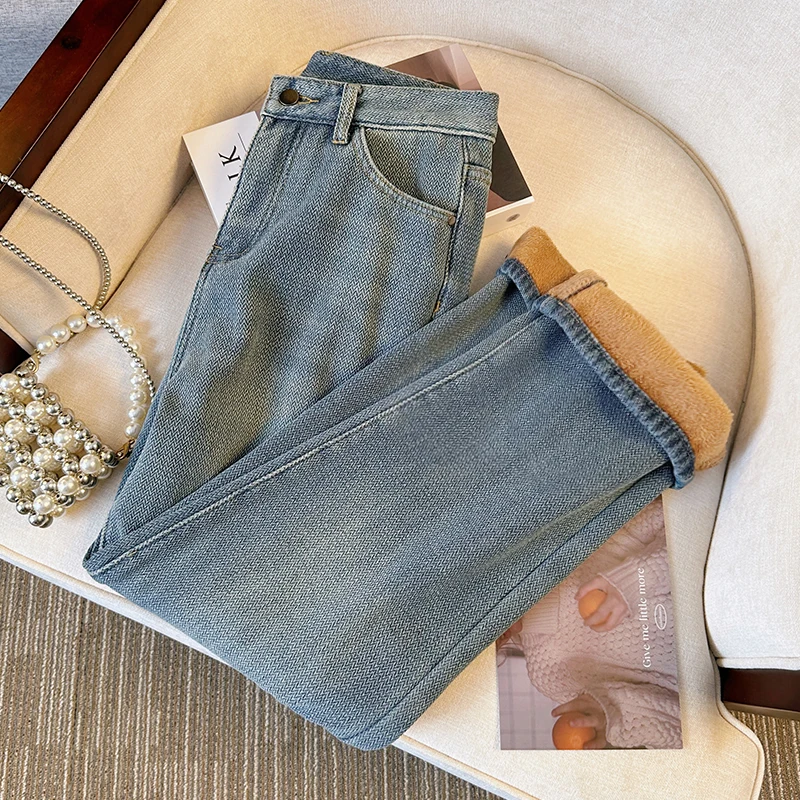 

Autumn Winter Velvet Warm Jeans for Women 2023 New Korean Loose Thicked Denim Trousers Blue High Waist Wide Leg Pants