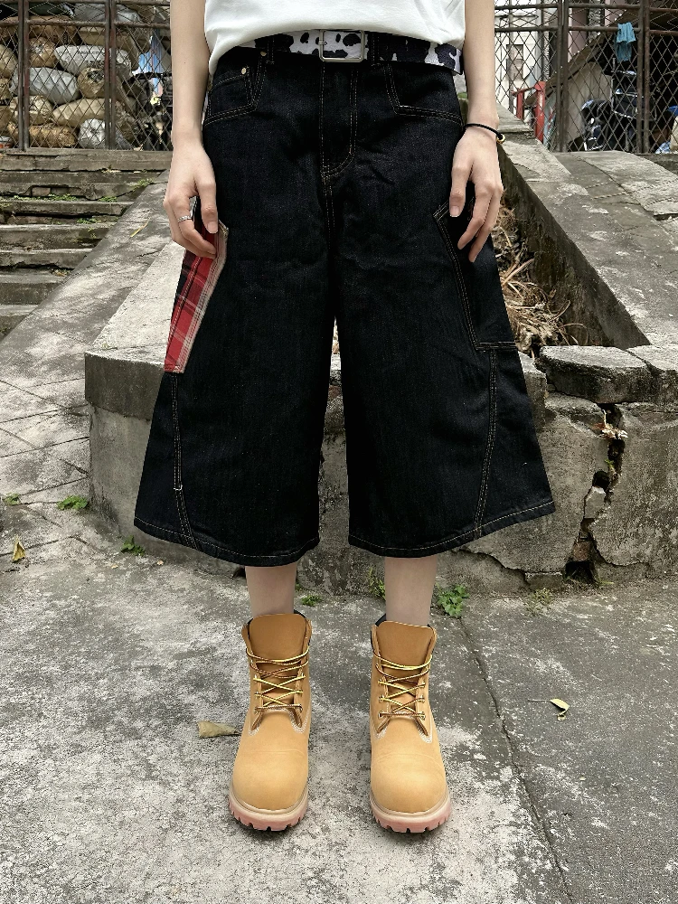 

Cleanfit Retro Plaid Splicing Denim Jeans Loose Wide Leg Shorts Unisex High Street Style Casual Youth Fashion Straight Tube