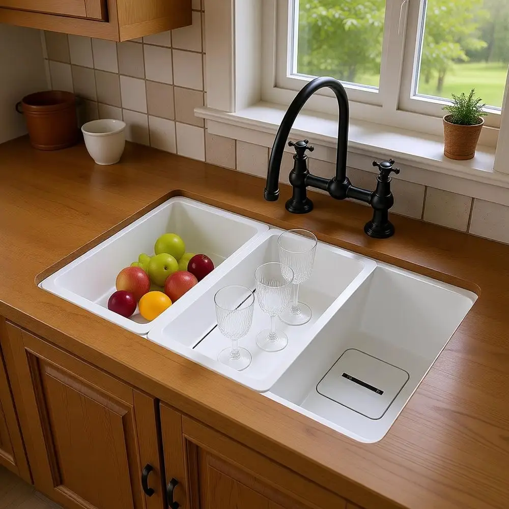 

White Undermount Kitchen Sink 30 x19 Granite Composite Kitchen Sink Single Bowl Deep Drop-in Undermount Workstation Sink with Ac