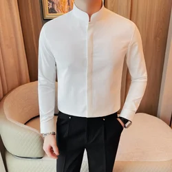 Men Standing Collar Shirt Long Sleeved 2024 Autumn British Style Solid Casual Hidden Button Elastic Slim Fit Formal Dress Shirt