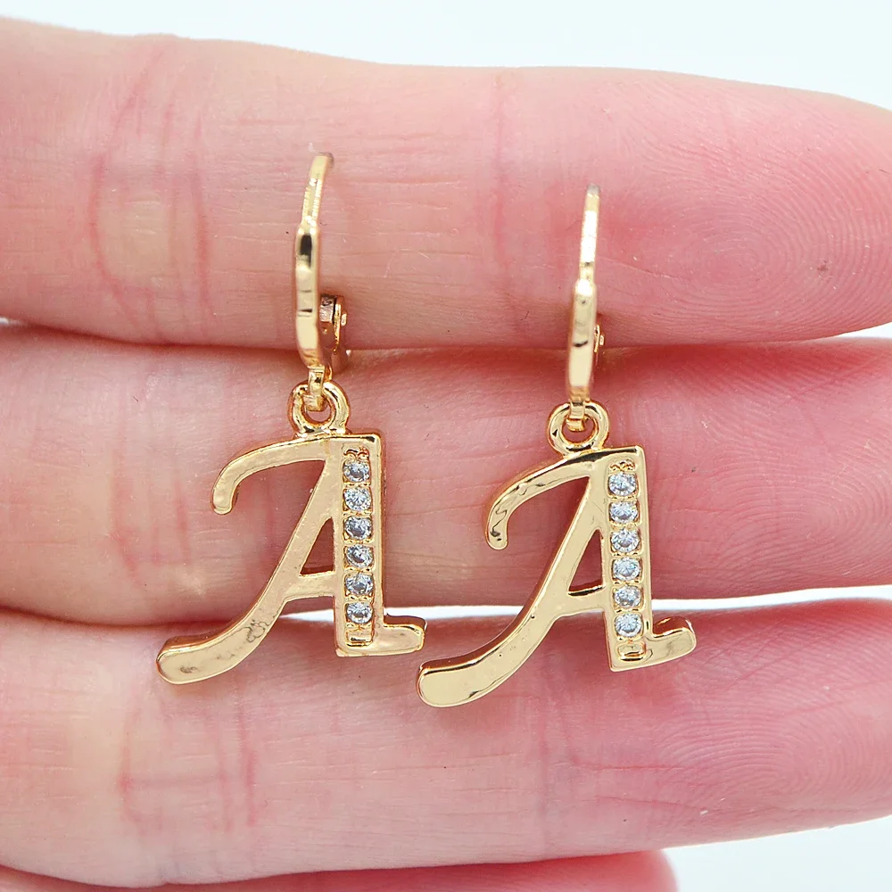 Fashion Gold Color Clear Zircon CZ Name Alphabet Initial Letter Dangle Earrings for Women