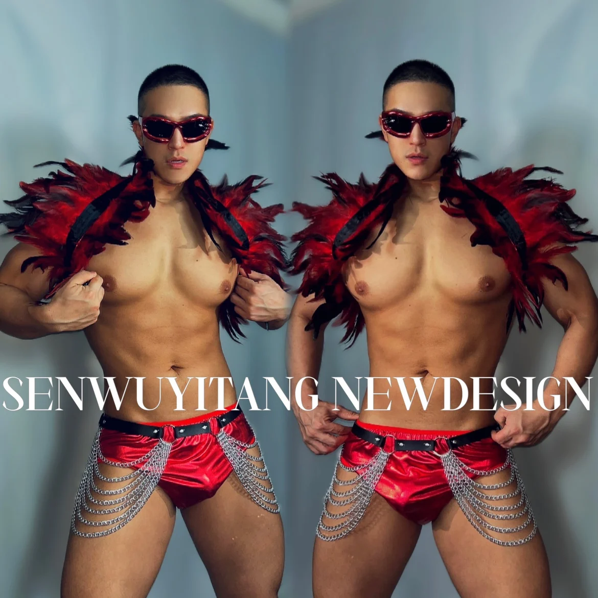 ชุดแสดงเต้นโกโก้สุดหรู DS ชุดใหม่สุดเซ็กซี่ เสื้อกั๊กขนนกสีแดง กางเกงขาสั้น ชุดนักร้องนักเต้นสำหรับการแสดงบนเวที ชุดคริสต์มาส