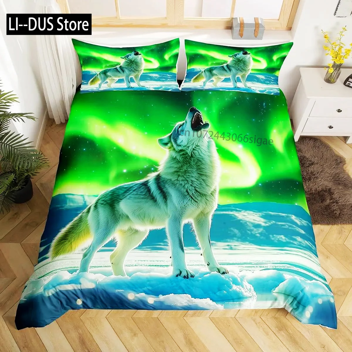 Wolf Duvet Cover Twin King Size, Roaring Wolves Wildlife Bedding Set Aurora Animals Galaxy Print Comforter Cover For Kids Boys