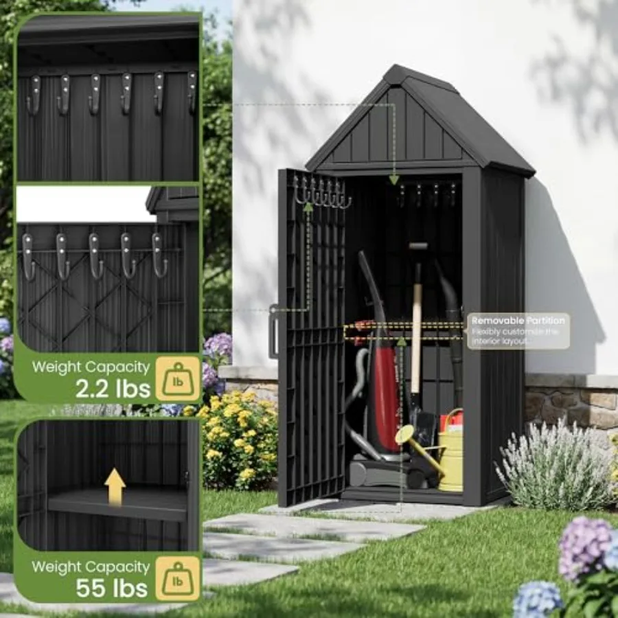 Outdoor resin storage cabinet for garden patio lawn use: sturdy all-weather shed in gray, featuring removable shelves, lock rin