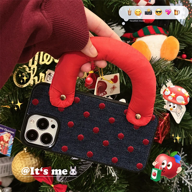 Handheld red wristband with personalized embroidery polka dot cowboy iPhone case for iPhone 13 14 15 16 pro max