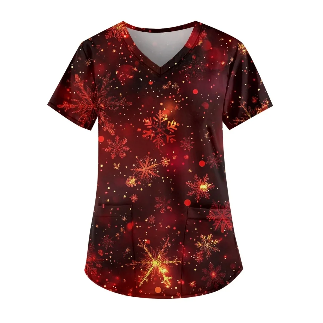 Feliz natal uniforme de trabalho manga curta com decote em v papai noel floco de neve padrão dos desenhos animados topos natal moda roupas casuais