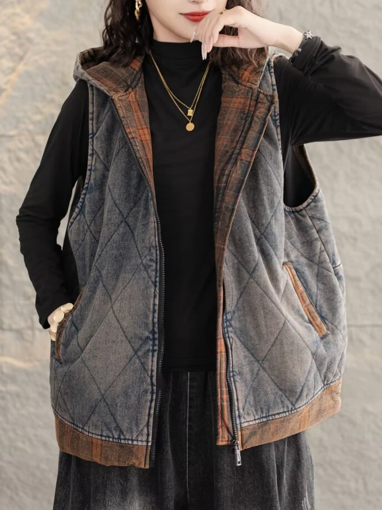 Max Lulu Merk Winter Dames Gewatteerd Denim Capuchon Vest Dames Vintage Mode Vrijetijdsvesten Casual Losse Mouwloze Jassen