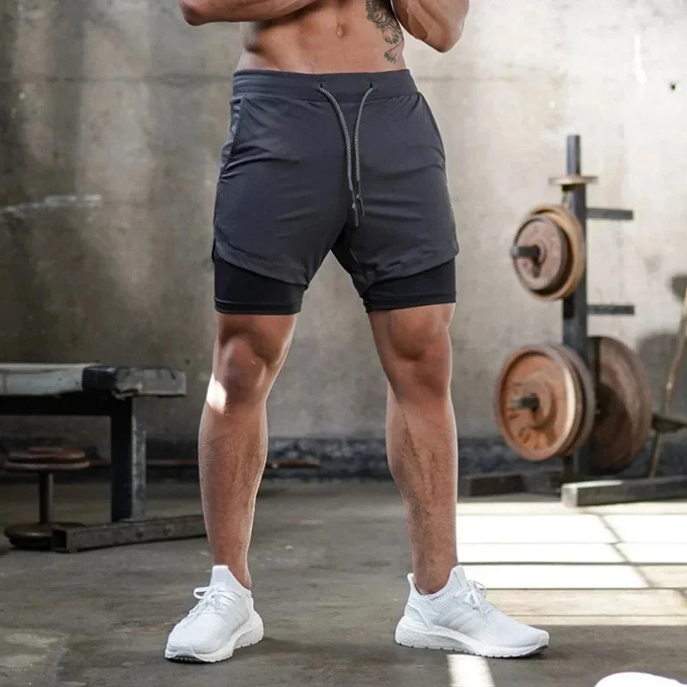 Summer Men\'s 2-in1 Compression Shorts Double Layer Quick Dry Leggings Gym Fitness Running Jogging Shorts Elastic Casual Trousers