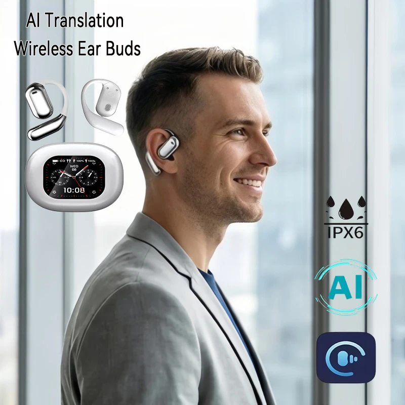 AI Translation Earbuds 144 Languages Real Time Translate TWS Wireless Headphones ANC ENC Touch Screen OWS Sport Earphone