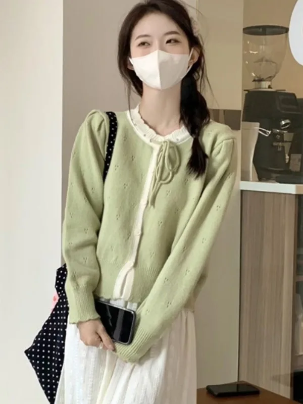

Korean Sle Sweet Small Size Soft Sweater Women's Spring Autumn Belted Knot Knitted Jaet Top Straight Tube Long ...