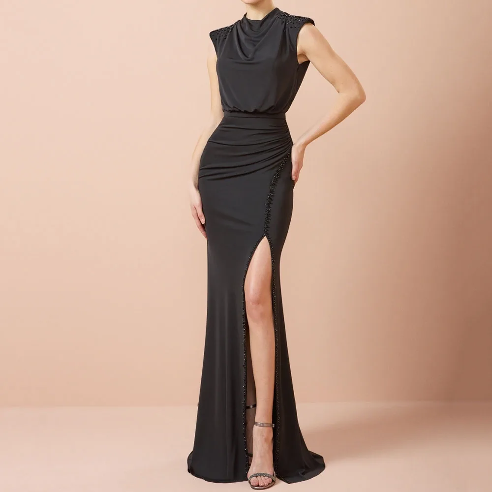 

Customized A-Line Prom Dresses Floor-Length High-Neck Sleeveless Evening Gown Fashion Sequined Side Split Draped Party Gown
