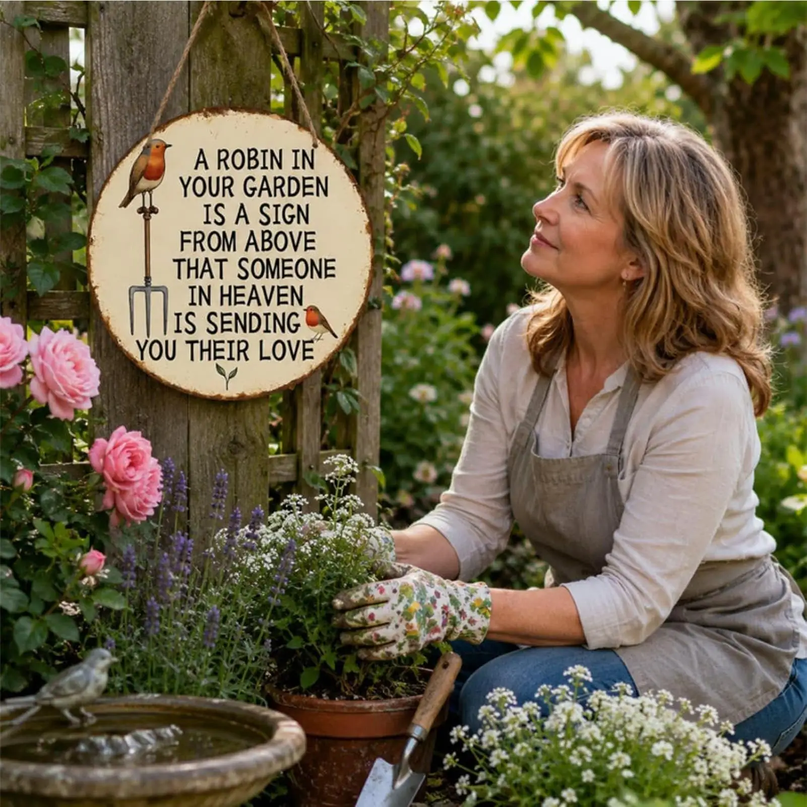 Patio Signs Rustic Robin Round Remembrance Ornament Sympathy Outdoor Signs Garden Decor For Porch Fence Park Pathway Farmhouse