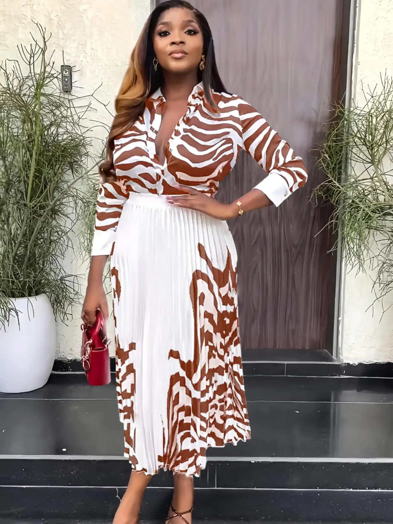 2026 AUTUMN NEW WOMEN'S SKIRT SET, ZEBRA PRINT LONG SLEEVE BLOUSE, CASUAL PLEATED MAXI SKIRT TWO-PIECE OUTFIT