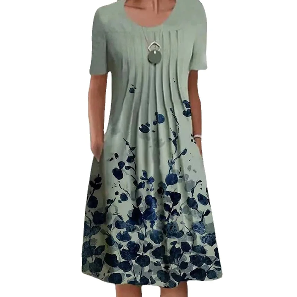 Vestido cómodo informal con estampado Floral de verano 2025, vestido de longitud media con bolsillo y cuello redondo para mujer, ropa de moda para mujer