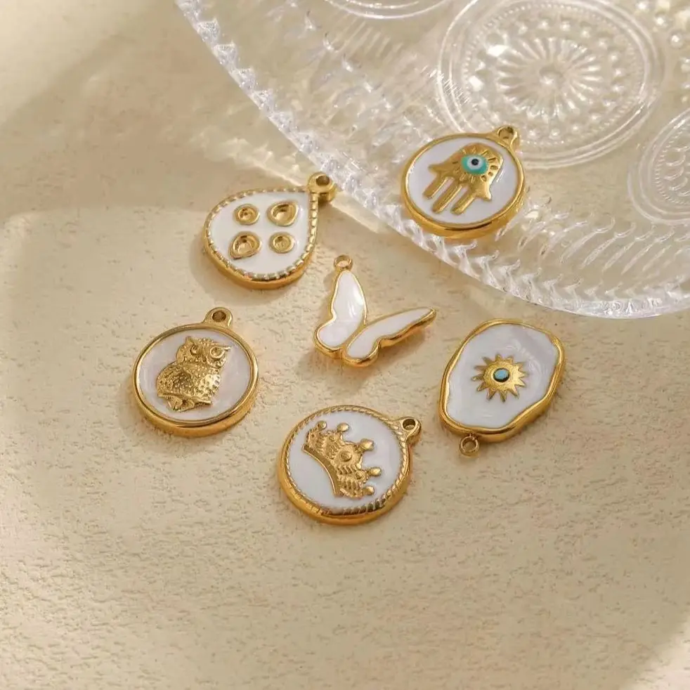 3-Piece Set of Stainless Steel White Enamel Pendants—Owl with Butterfly-Wing Eyes and Round Designs, Suitable for DIY Jewelry