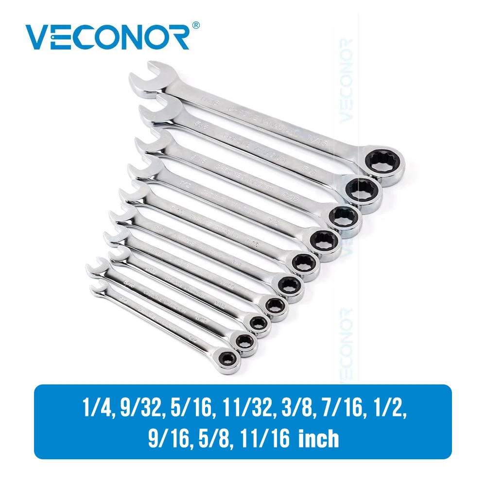 

1/4-11/16 Inch Ratchet Wrench Set of Keys High Torque Spanner Tool 72-Tooth Imperial Size Mirror Surface Polished
