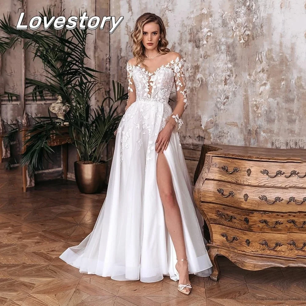 

Ivory A-Line Satin Wedding Dresses Scoop Neck Long Sleeves Lace Bridal Gowns Sexy High Split Side Beach 2023 Vestidos De Novia