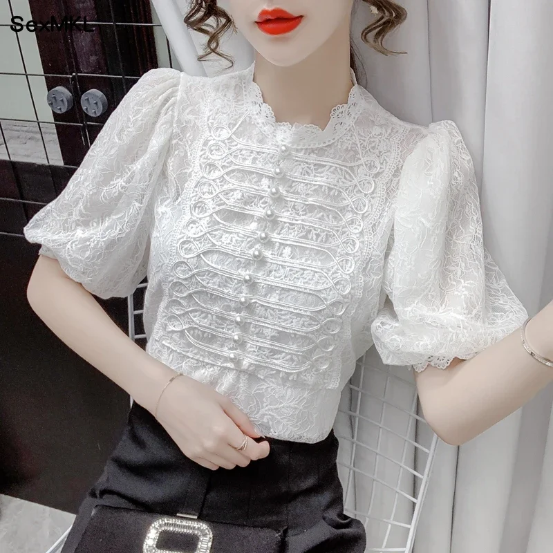 Vintage Puff Sleeve Ladies Tops Summer 2024 Fashion Short Sleeve Casual Blouses Korean Style Beading White Black Lace Shirts y2k