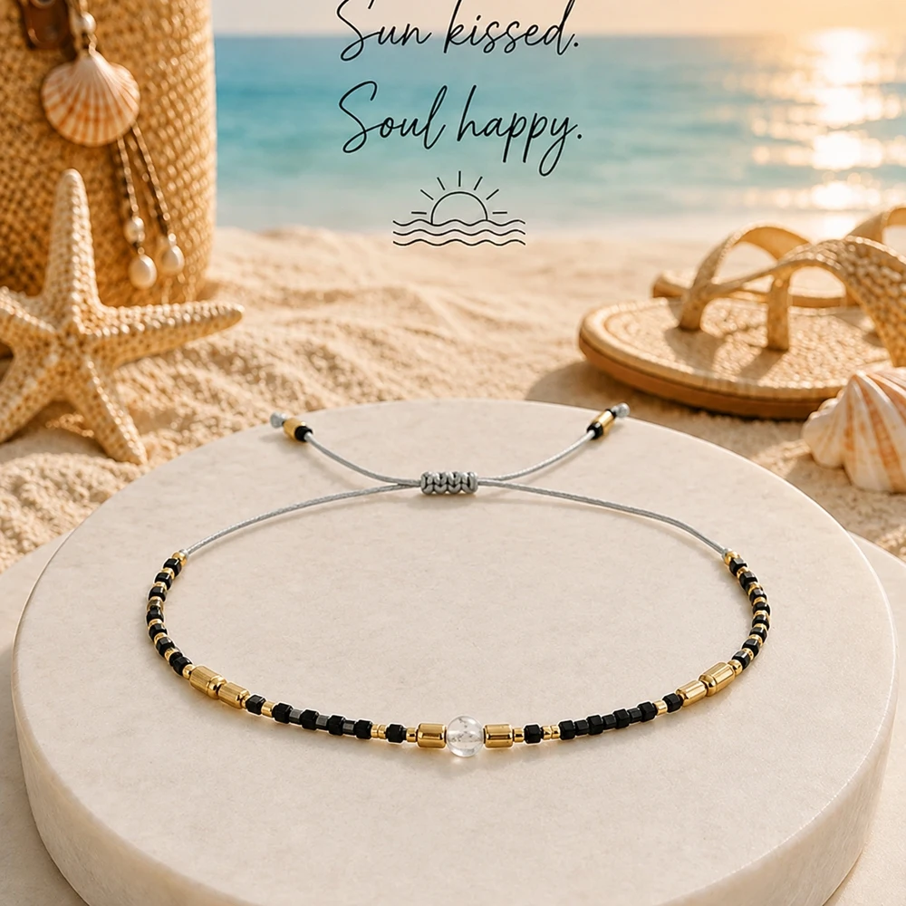 1pc Adjustable Round Stone Beaded Strand Bracelet Black and Gold Tone Trendy Lace-Up Closure Unisex Jewelry 28cm
