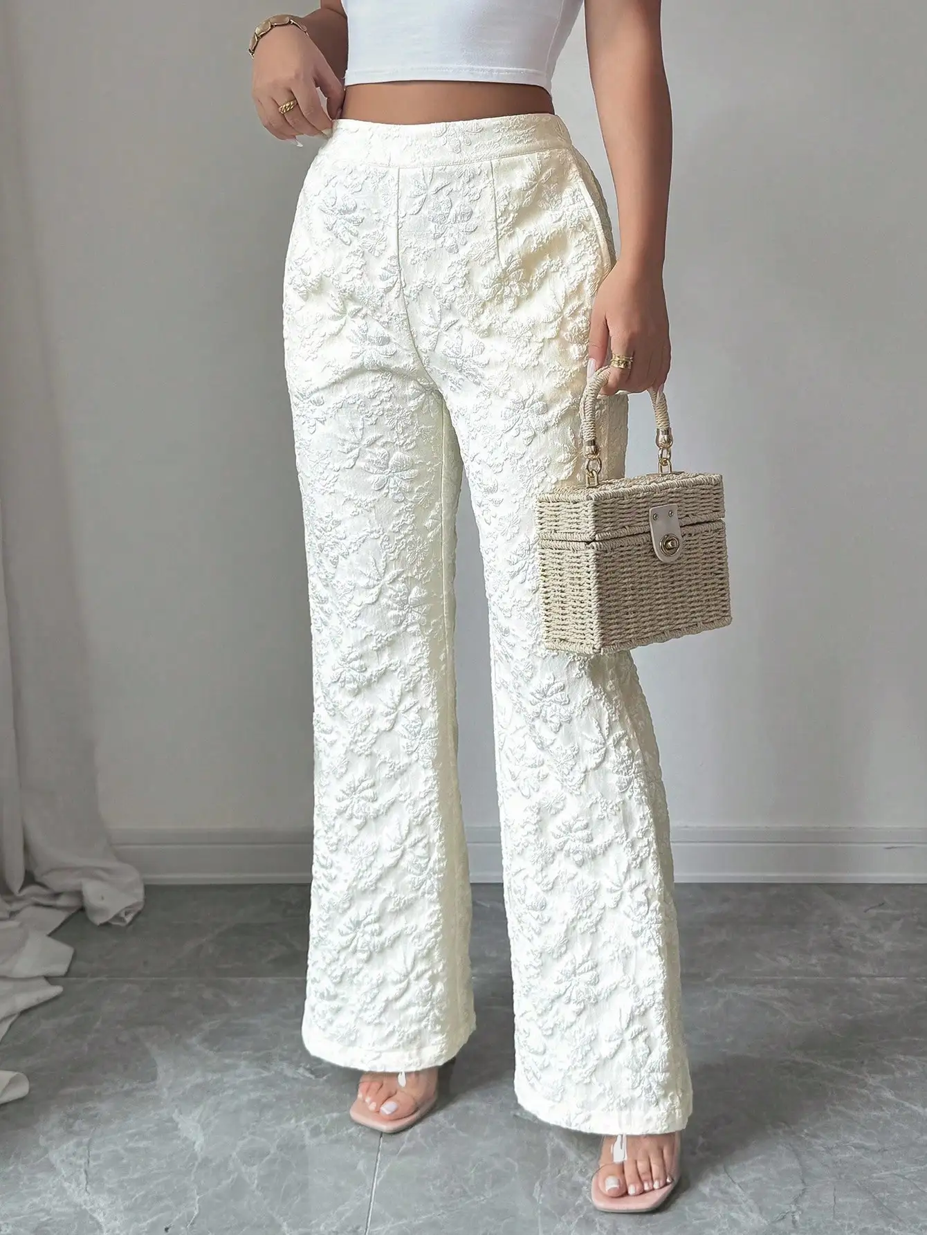 

Женские широкие брюки-клеш цвета слоновой кости с цветочным жаккардовым узором для повседневной носки осенью
