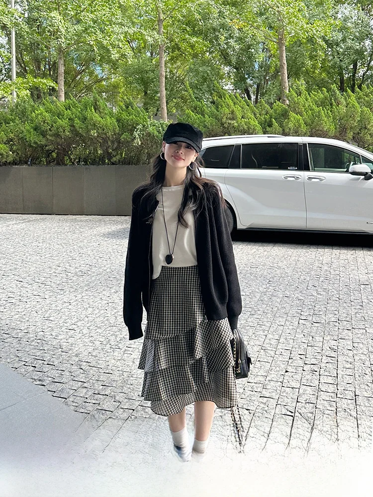 

Асимметричная юбка в клетку с высокой талией, женская осенняя модная юбка-миди в корейском стиле, утягивающая, золотистая, в пол