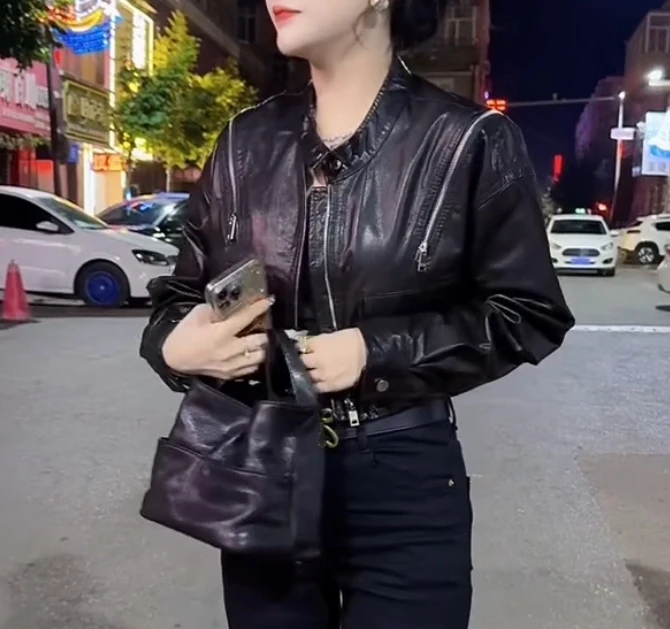 ربيع الخريف جديد Sle طبقة علوية حقيقية جلد البقر فضفاض التخسيس تنوعا المرأة الجلود Jaet ort ملابس خارجية الرياح الباردة