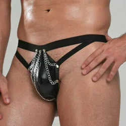 Men Faux Leather Thong Panties Sexy Strappy Chain Bulge Pouch G-String Briefs Hollow Out Exposed Butt Erotic T-Back Underpants