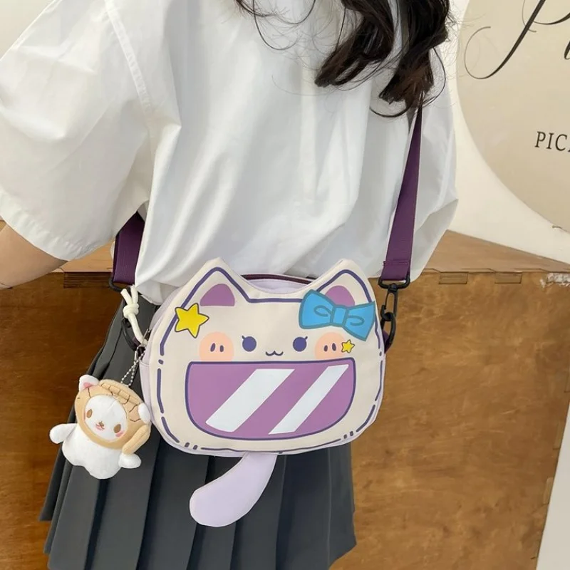 2025New Arrival Car Stitching Nylon Cloth Zipper Shoulder Crossbody Bag Cute Cat Pattern Printing Mobile Phone Bag