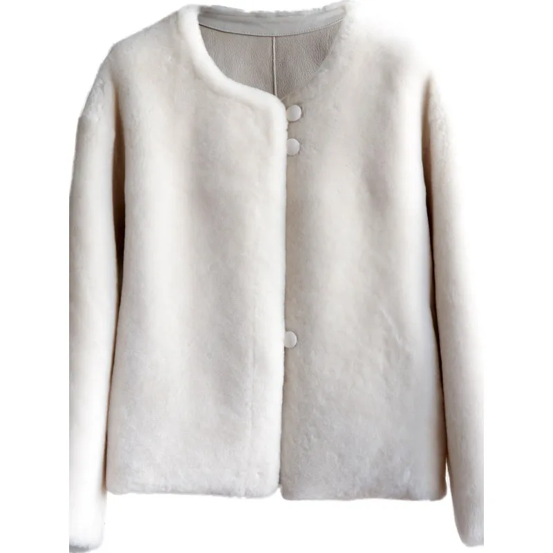 Płaszcz z futra z australijskiej wełny merino importowanej w 2025 roku, krótki płaszcz z futra z okrągłym dekoltem, styl średniowieczny.