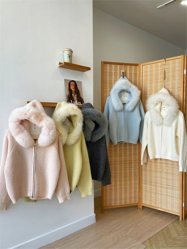2026 Spring Autumn Women Natural Real Fox Fur Collar Cardigan Hooded Jacket Fur Decoration Lady's Sweater Coat
