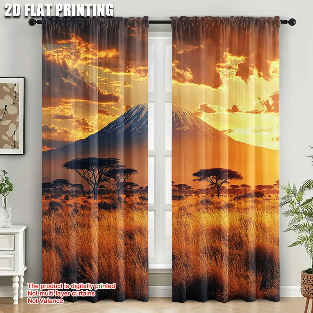 2pcs, Curtain Set 2D print African grasslands Polyester Easy Install (without rod) Decorations Clearance Ldeal for Living Room