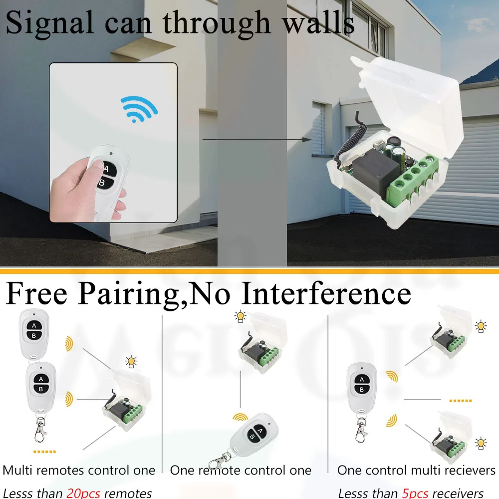 433MHz Dry Contact Remote Control Light Switch 220V 10A Mini Wireless Switch Relay Module for Garage Control/Lock/LED/DIY/Lamp