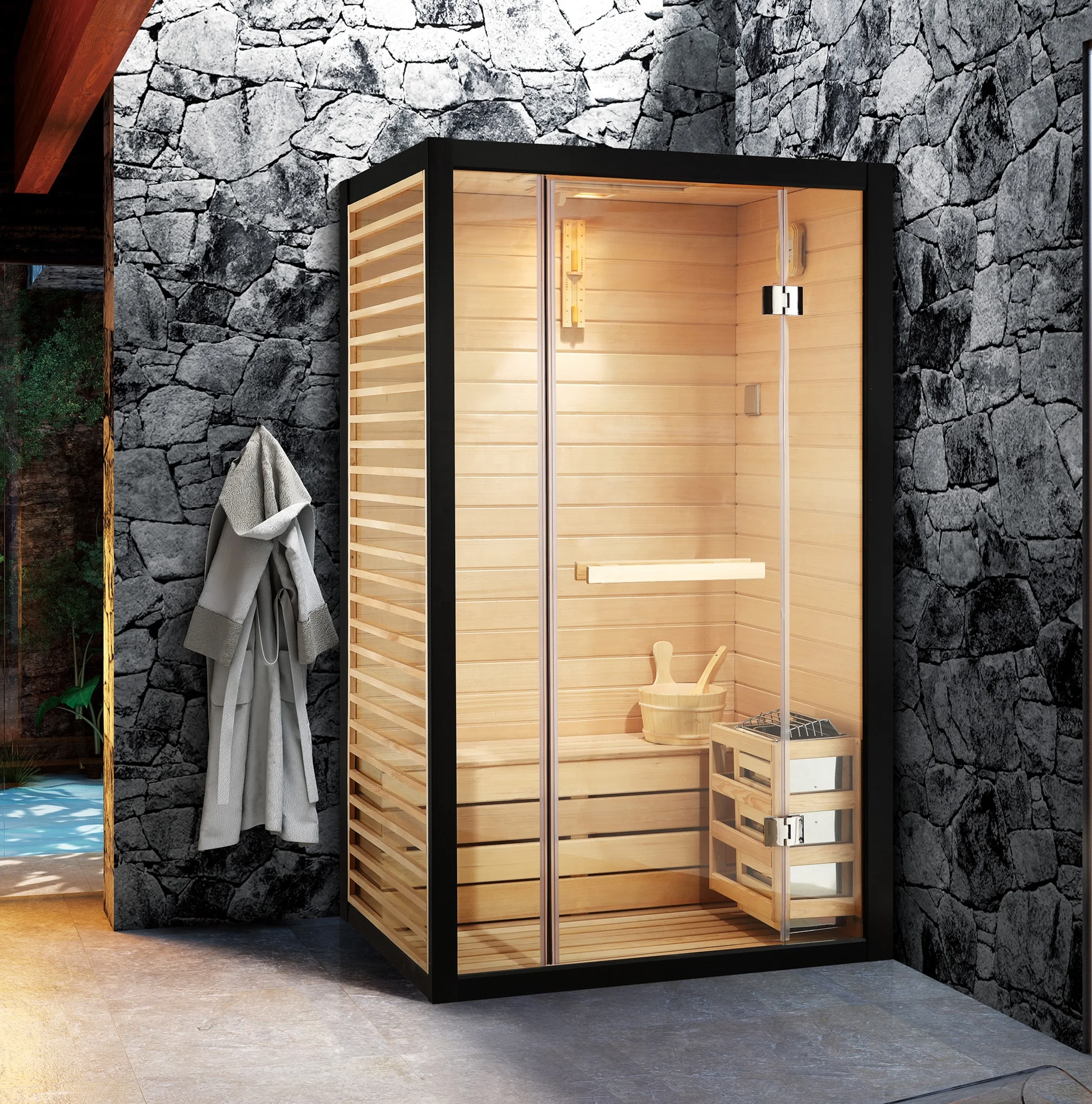 Indoor Glass Sauna Room Solid Wood Dry Steam Sauna Cabin, Modern Single Person Sauna Room