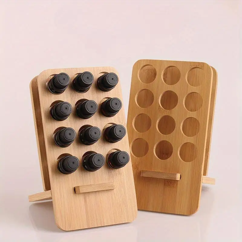 1Pc 12 Squares Wood Essential Oil Rack Removable Bamboo and Wood Shelves Desktop Storage Display for Bathroom Cabinet