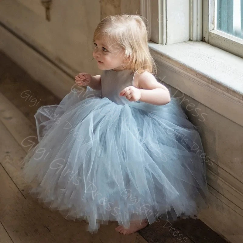 Blue Flower Girl Dress for Wedding Toddlers Spaghetti Strap Fluffy Tulle Princess Dress Tea-Length Custom Birthday Party Gown