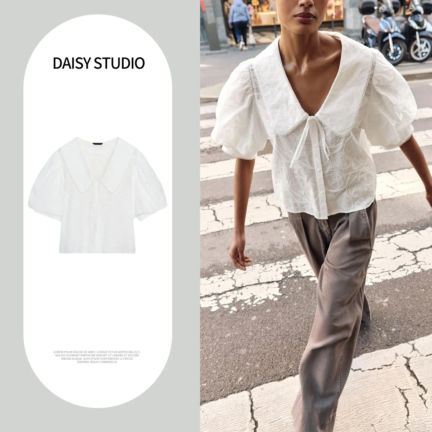 

Spring New Arrival Women's irt Knot ort Sve Bubble Sve Embroidered Collar Casual Loose Polyester Breathable