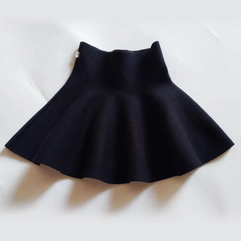 School Girls Knit Mini Skirt Black Children Elastic High Waist Pleated Skirt Autumn Winter Kids Half Dress Baby Girls Clothes