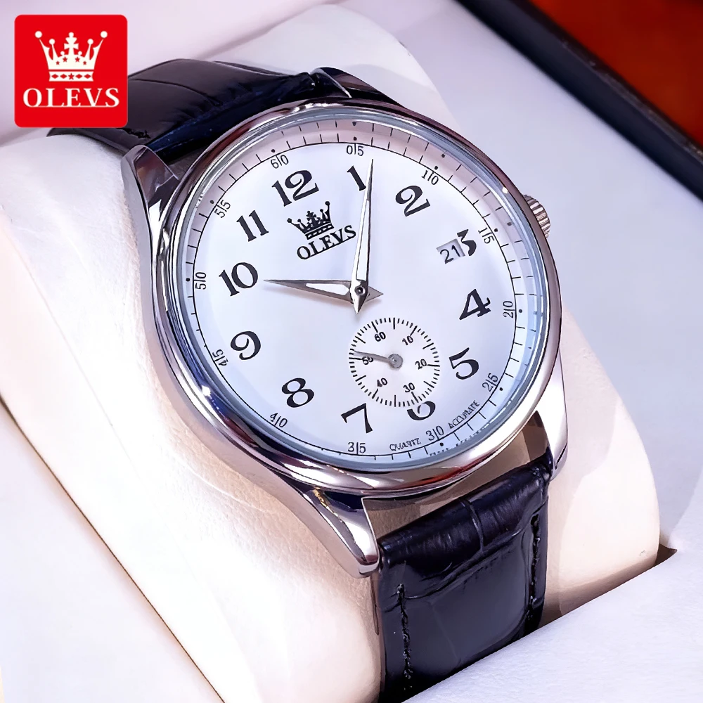 OLEVS Men's Watches Casual Fashion Leather Strap Original Quartz Wristwatch Independent Seconds Dial Waterproof Luminous Dress