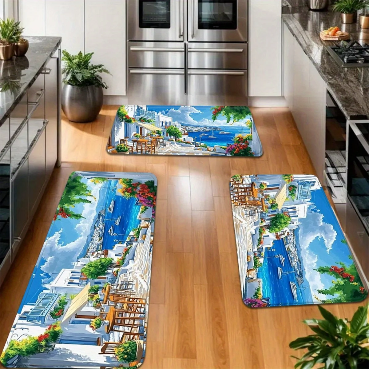 Decorative Mediterranean Greek Santorini Coastal Doormat Mat Entryway Welcome Rug Waterproof Indoor Floor Runner Seaside Nautica