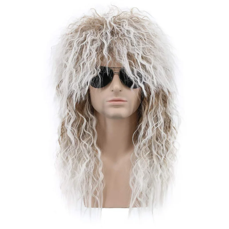 Men and Women Long Curly Brown Gradient White Synthetic Wig 70s 80s Rocker Mullet Party Funny Wig Costume Wig