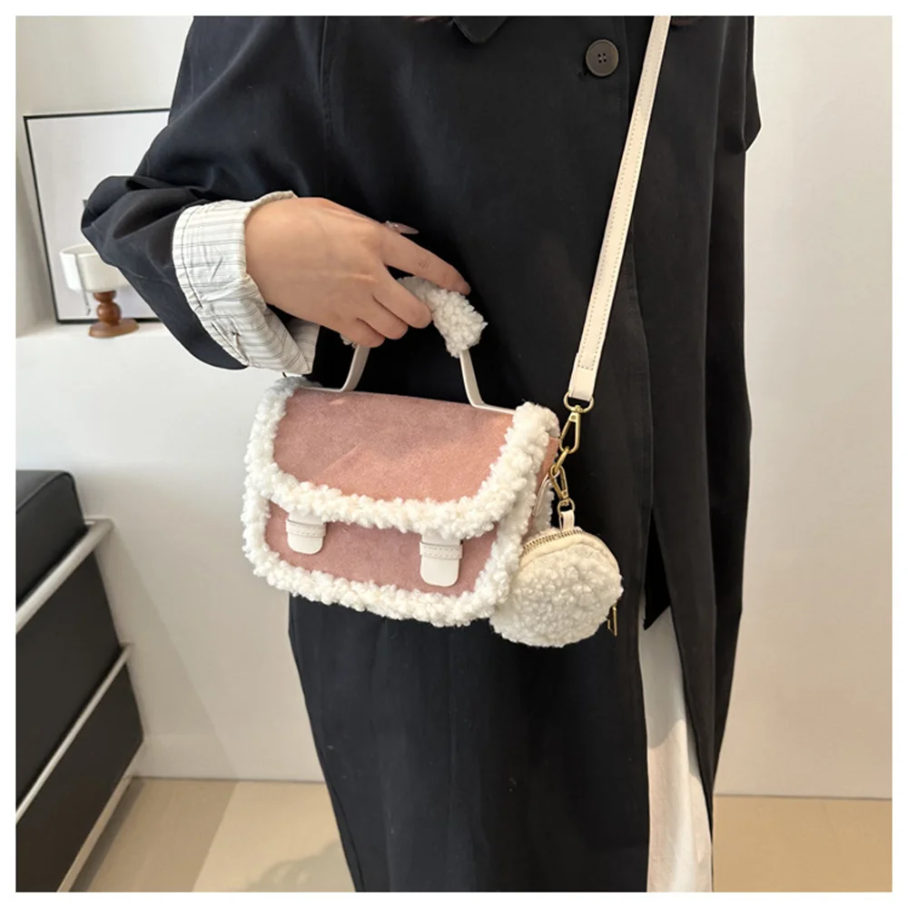 Fashion Shoulder Bags Large Capacity Crossbody Bag For Women Girl Handbag Small Square Bag Sherpa Bag With Round Plush Purse