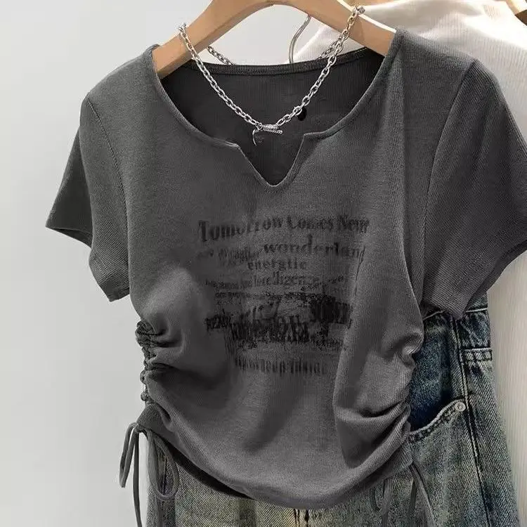 Nova Camiseta Feminina de Verão Estilo Americano com Cintura Ajustável, Estampada, Decote em V e Manga Curta