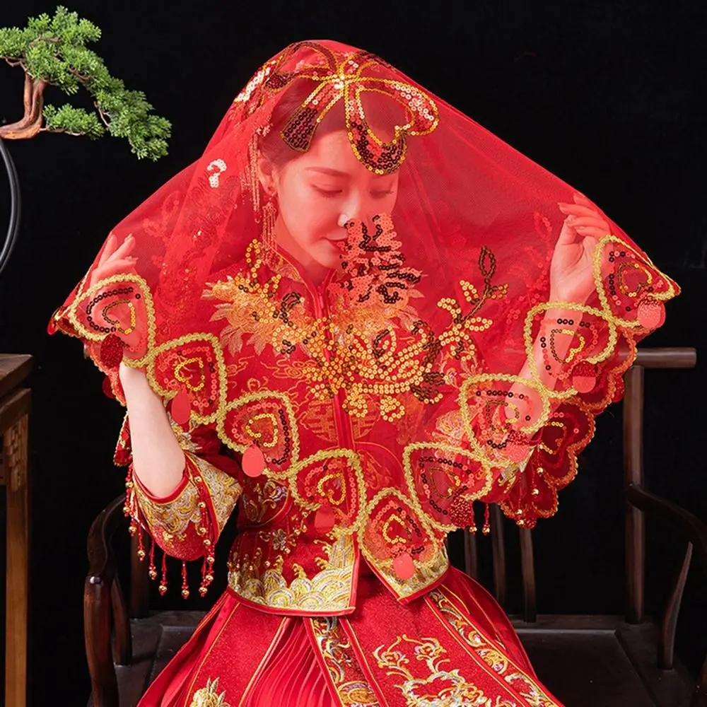 

Embroidered Ancient Wedding Accessories Red Veil Tassel Scarf Chinese Wedding Headwear Bridal Headwear Bride Veil Lace Veils