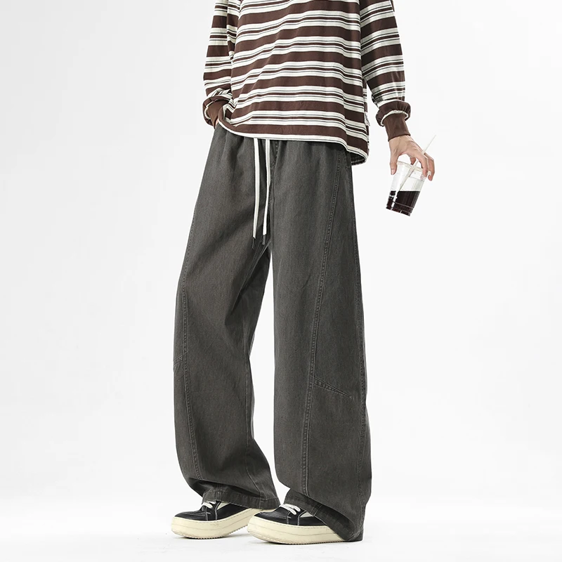 【Mirrordust】Pantalones informales elásticos americanos de calle alta, pantalones de pierna ancha rectos sueltos de estilo japonés y coreano para hombres