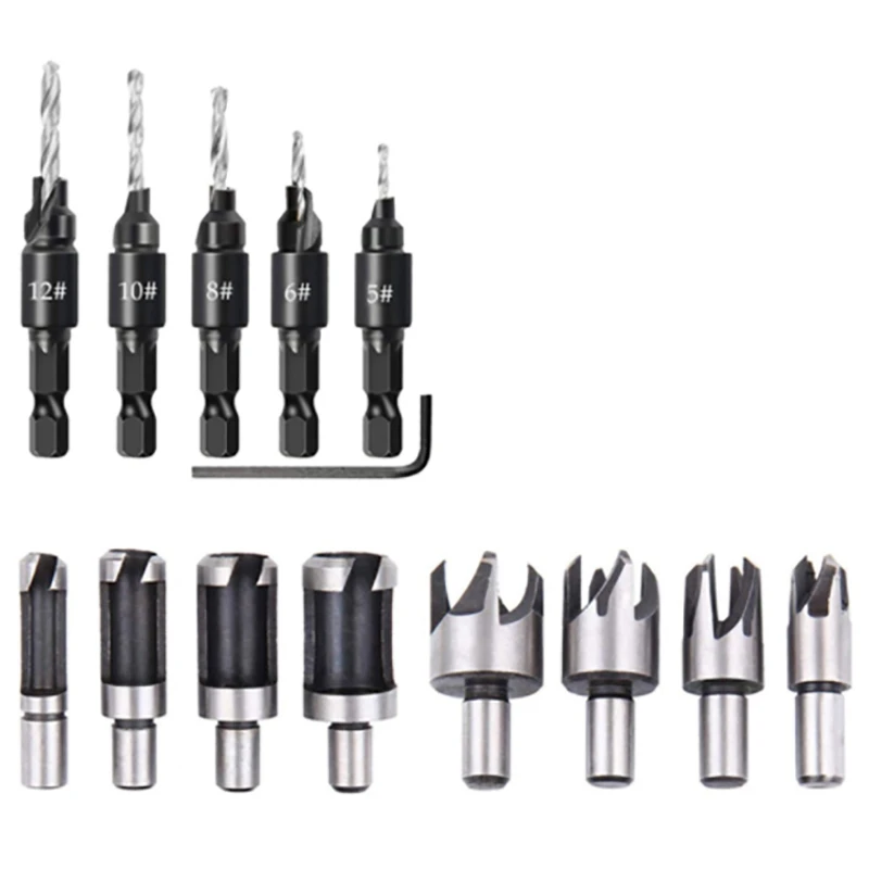 14 Pcs Wood Plug Hole Cutter Chamfered Plug Cutter Drill Bits Five-Slot Countersink Drill 1/4 Inch Hex Spanner Tool Set