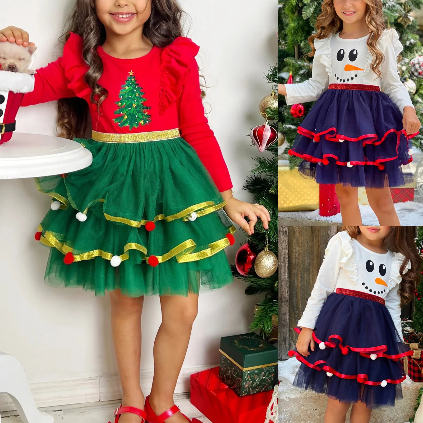 

New Christmas Kids Dress Full Sleeve Cartoon Cute Ruffles Sequin Dresses Xmas Tree Printed Gift For Girls Princess Party Clothes