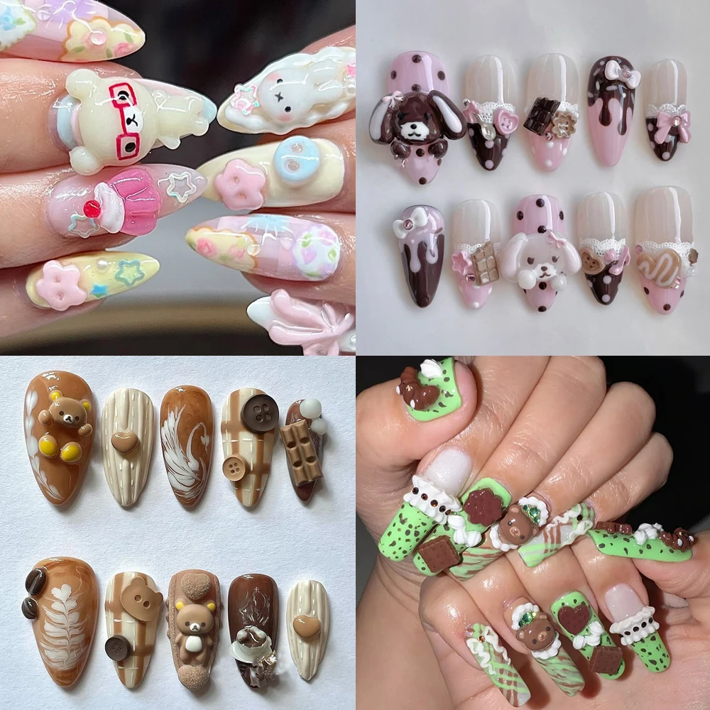

Kawaii Rilakkuma Rabbit Cake Almond Handmade Press On Nails Bowknot Polka Point French Pearl Skirt Edge Hand-Drawn Fake Nails